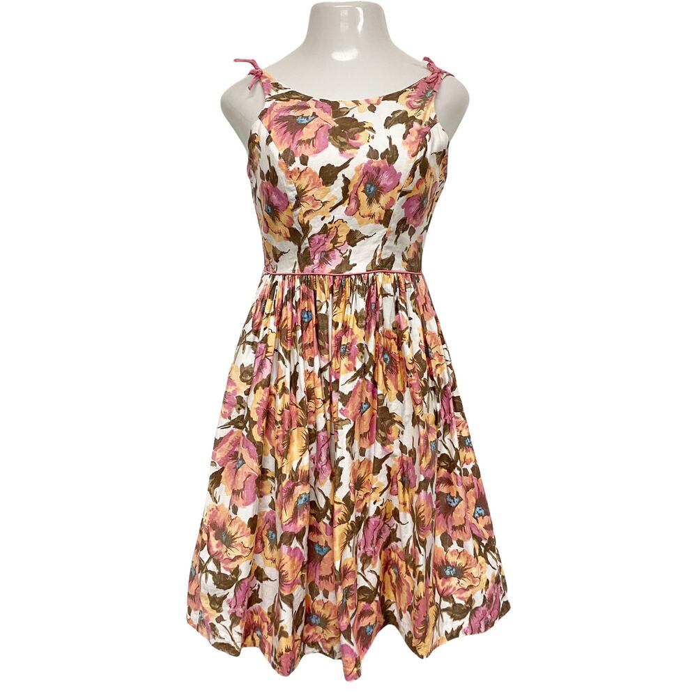 Vintage Jane Hunter Womens XS Floral Print Polished Cotton 50s Midi Dress